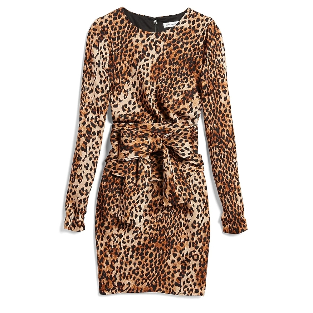 X Karla Leopard Print Long Sleeve Bow Sheath Dress